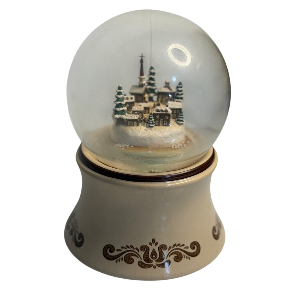 VTG Pfaltzgraff Village Snow Globe Tan Brown Musical Winter Church Scene Small